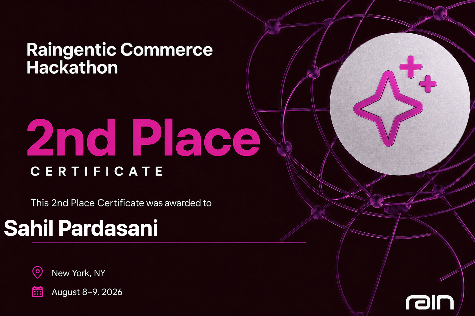 2nd Place Certificate — Raingentic Commerce Hackathon, Rain, NYC